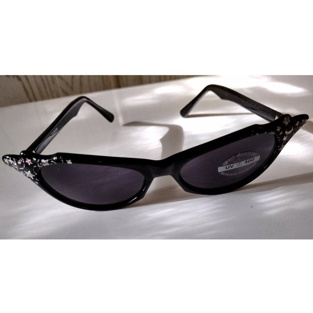Sunglasses Black Cat Eye Retro Glitter Frame Moon Stars Smoky Lens